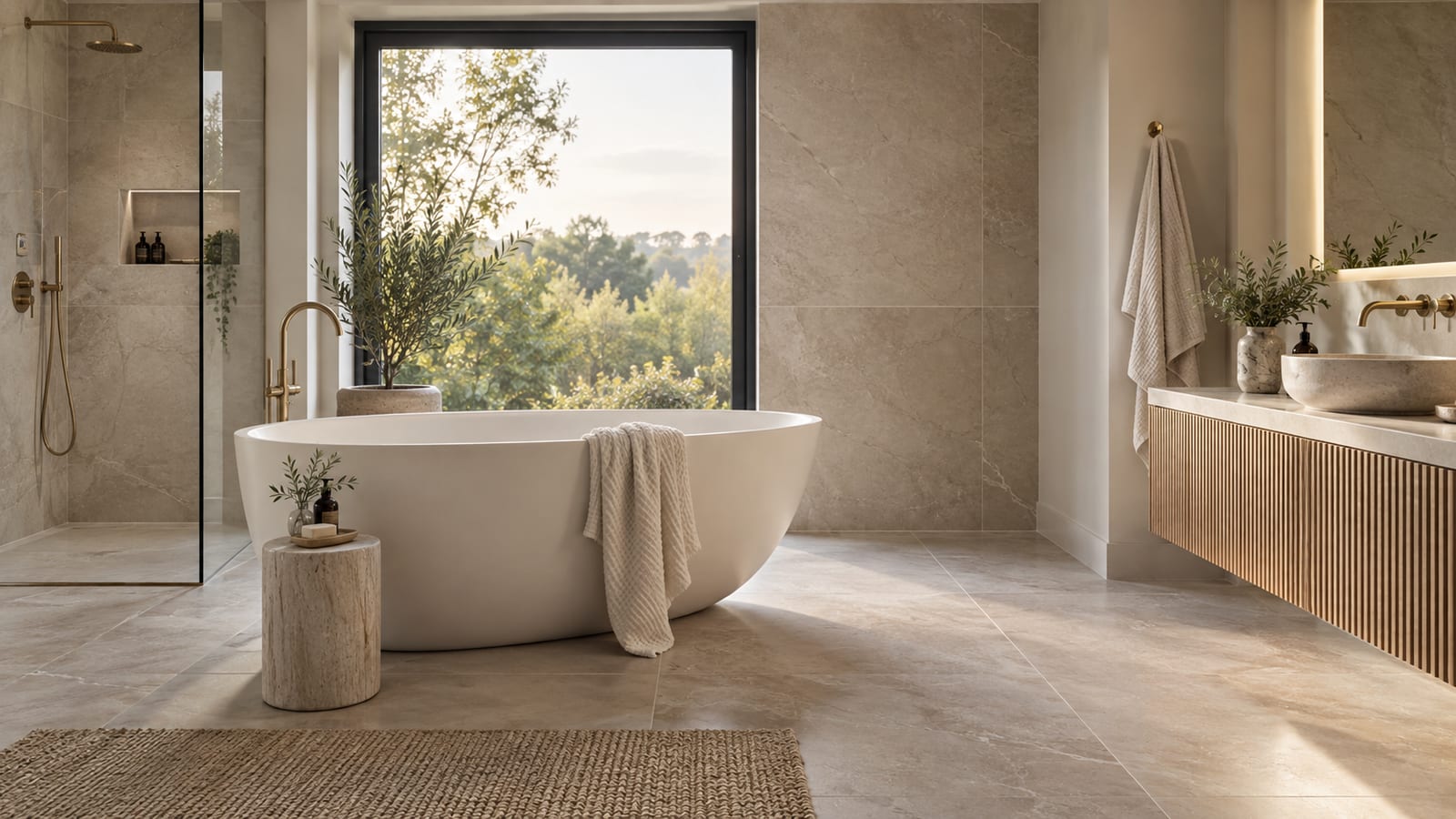 Stone tiled bathroom with freestanding bath beneath a picture window and a fluted timber vanity