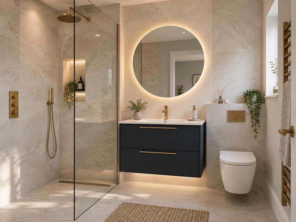 Shower room with midnight blue wall-hung vanity, backlit round mirror and brass fittings