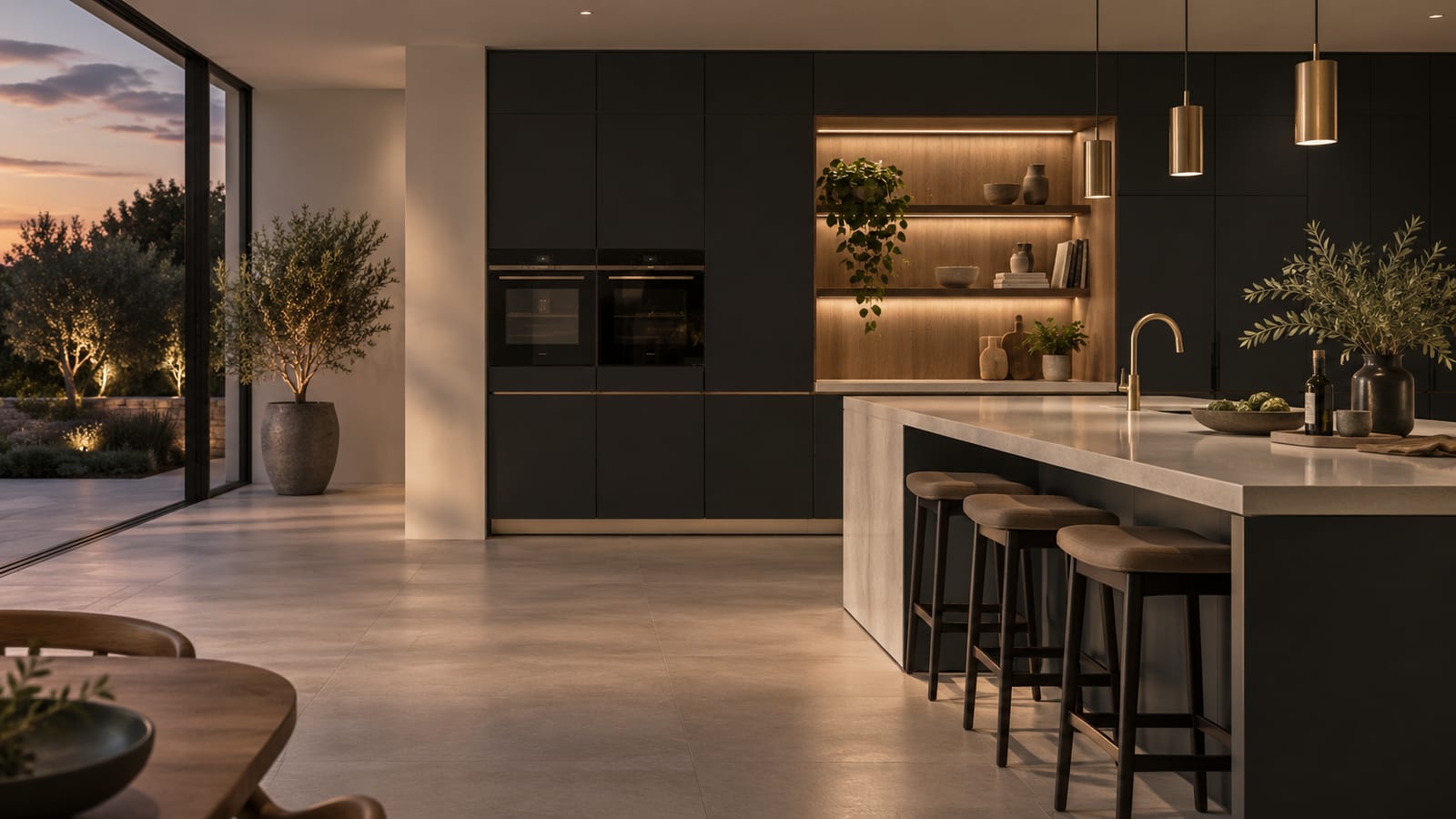 Open-plan kitchen with dark handleless cabinetry, stone island and pendant lighting, opening onto a garden at dusk
