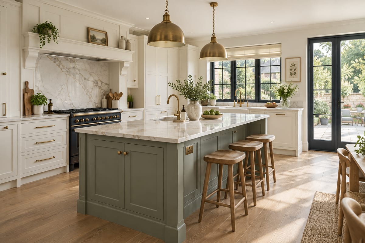 Shaker kitchen with cream cabinetry, sage green island and marble worktops